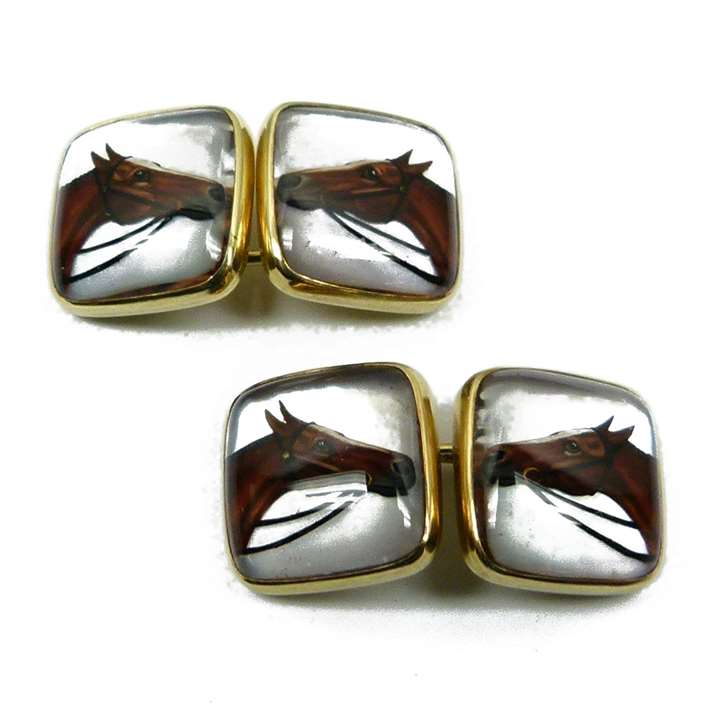 Pair of antique 'Essex' crystal horse head cufflinks